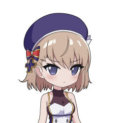 Rule 34 | 1girl, azur lane, bare shoulders, beret, blue hat, blush, bow, breasts, brown hair, closed mouth, commentary request, cross, hair bow, hat, hat bow, highres, iron cross, looking at viewer, medium breasts, purple eyes, rock zinc, simple background, solo, striped bow, upper body, white background, white bow, z23 (azur lane)