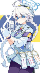 Rule 34 | 1girl, absurdres, ahoge, armband, ashuho, blue archive, blue eyes, blue halo, braid, gloves, grey hair, gun, hair between eyes, halo, highres, holding, holding gun, holding weapon, kirino (blue archive), long hair, necktie, pantyhose, purple necktie, purple pantyhose, sleeves past elbows, solo, twin braids, twintails, weapon, white gloves