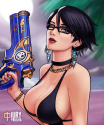 Rule 34 | 1girl, artist name, bayonetta, bayonetta (series), bayonetta 2, black hair, black one-piece swimsuit, bracelet, breasts, chain, chain necklace, earrings, glasses, gun, iury padilha, jewelry, large breasts, mole, mole under mouth, nail polish, necklace, one-piece swimsuit, one eye closed, short hair, solo, swimsuit, weapon, wink