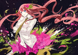 Rule 34 | 1girl, black background, blue eyes, breasts, colored skin, flower, hair flower, hair ornament, kunimura hakushi, large breasts, leia (vocaloid), lipstick, long hair, long sleeves, looking at viewer, makeup, megurine luka, necktie, paint splatter, pantyhose, pink hair, shirt, skirt, solo, striped clothes, striped necktie, striped neckwear, striped pantyhose, vertical-striped clothes, vertical-striped pantyhose, very long hair, vocaloid, white shirt, white skin