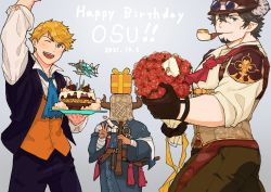 Rule 34 | &gt; o, 3boys, absurdres, bakura (granblue fantasy), bara, barawa, belt, birthday cake, black jacket, black pants, blonde hair, blush, bouquet, box, brown hair, brown pants, cake, dated, draph, facial hair, flower, flute, food, gift, gift box, goatee, goggles, goggles on head, granblue fantasy, green eyes, haishiba ame, happy birthday, hat, heart, highres, holding, holding bouquet, holding cake, holding food, holding instrument, horns, instrument, jacket, japanese clothes, kimono, large pectorals, letter, male focus, multiple boys, muscular, muscular male, official alternate costume, one eye closed, open clothes, open jacket, open mouth, orange vest, pants, pectorals, red flower, shirt, short hair, sleeveless, sleeveless jacket, smile, v, vane (granblue fantasy), vest, white shirt