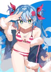 Rule 34 | + +, :3, bikini, black coat, blue eyes, blue hair, bow, breasts, cleavage, coat, commentary, cowboy shot, crab print, fish pendant, fur-trimmed coat, fur trim, gluteal fold, hair bow, hand on own thigh, hand up, hatsune miku, highres, leaning forward, light smile, long hair, looking at viewer, medium breasts, octopus hair ornament, outdoors, red bikini, red bow, shading eyes, sparkle, standing, striped bikini, striped clothes, swimsuit, tsuchinoko (tutituti0125), twintails, umi no searchlight (vocaloid), vocaloid, yuki miku, yuki miku (2022)