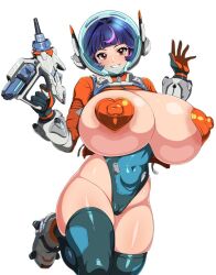 Rule 34 | 1girl, alternate breast size, aqua thighhighs, areola slip, blue bodysuit, blunt bangs, bodysuit, breasts, cameltoe, cleft of venus, covered erect nipples, covered navel, gloves, grin, heart pasties, helmet, holding, holding weapon, huge breasts, huge nipples, jabara tornado, juno (overwatch), large areolae, long sleeves, looking at viewer, open hand, open hands, open mouth, overwatch, overwatch 2, pasties, purple eyes, purple hair, revealing clothes, short hair, simple background, skin tight, smile, solo, space helmet, teeth, thighhighs, thrusters, upper teeth only, weapon, white background, white footwear