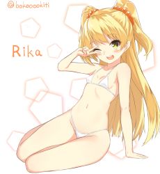 Rule 34 | 10s, 1girl, ;d, bad id, bad pixiv id, bikini, blonde hair, blush, bokokichi (you), breasts, character name, hair bobbles, hair ornament, highres, idolmaster, idolmaster cinderella girls, jougasaki rika, long hair, looking at viewer, one eye closed, open mouth, sitting, small breasts, smile, solo, swimsuit, twitter username, two side up, v, white bikini, yellow eyes