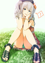 Rule 34 | 10s, 1girl, ?, aiueonesan (umanaminoatama), alternate costume, aqua panties, bad id, bad pixiv id, bare legs, bare shoulders, blue eyes, bracelet, casual, clover, collarbone, commentary request, dress, elbows on knees, feet, grass, green panties, grey hair, hands on own cheeks, hands on own face, hat, jewelry, kantai collection, kashima (kancolle), knees together feet apart, light smile, lips, long hair, looking at viewer, necklace, no socks, panties, pantyshot, red dress, sandals, short dress, sitting, solo, spoken question mark, strap slip, thighs, toes, twintails, underwear, upskirt, wavy hair