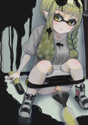 Rule 34 | 1girl, black shorts, blonde hair, blush, bottle, censored, clothes pull, collarbone, domino mask, female focus, floor, full body, funnel, highres, ink, inkling, inkling girl, inkling player character, looking to the side, mask, mosaic censoring, nintendo, nokironokii, on floor, open mouth, panties, panty pull, peeing, peeing in bottle, pussy, shirt, shoes, shorts, shorts pull, sitting, sneakers, solo, splatoon (series), spread legs, t-shirt, tentacle hair, underwear, wall, white panties, white shirt, yellow eyes