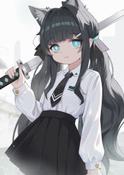 Rule 34 | 1girl, absurdres, animal ear fluff, animal ears, black hair, black necktie, black skirt, blue eyes, cat ears, closed mouth, collared shirt, commentary, commentary request, dress shirt, english commentary, hair ornament, hairclip, hand up, highres, holding, holding sword, holding weapon, katana, long hair, long sleeves, looking at viewer, low twintails, necktie, original, pleated skirt, qianqiu wanxia, shirt, skirt, solo, sword, twintails, very long hair, weapon, white shirt