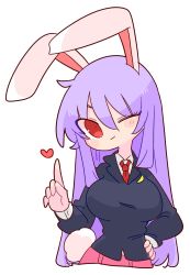 Rule 34 | 1girl, ;3, animal ears, blazer, blouse, buttons, collared shirt, heart, highres, jacket, light purple hair, long hair, necktie, one eye closed, op na yarou, pink skirt, pleated skirt, pointing, pointing up, purple hair, rabbit ears, red eyes, red necktie, reisen udongein inaba, shirt, simple background, skirt, smile, solo, touhou, very long hair, white background, white shirt