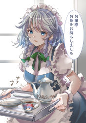 Rule 34 | 1girl, absurdres, apron, back bow, blue dress, blue eyes, bow, bowtie, braid, breasts, collared shirt, commentary request, cowboy shot, cup, dress, green bow, green bowtie, grey hair, hair bow, highres, holding, holding tray, izayoi sakuya, kamu kotan, looking at viewer, maid, maid headdress, medium bangs, medium breasts, medium hair, open mouth, pinafore dress, plate, puffy short sleeves, puffy sleeves, remilia scarlet, shirt, short sleeves, sleeveless, sleeveless dress, smile, solo, tea, teacup, teapot, touhou, translated, tray, twin braids, waist apron, waist bow, white apron, white bow, white shirt, window, wrist cuffs