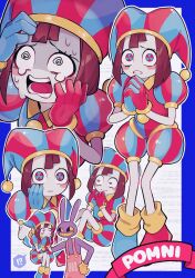Rule 34 | !?, 1boy, 1girl, @ @, absurdres, animal ears, asymmetrical gloves, black eyes, blue eyes, blue gloves, blue headwear, blush stickers, brown hair, character name, clenched teeth, colored sclera, full body, gloves, hat, hat bell, highres, jax (the amazing digital circus), jester, jester cap, jester costume, mismatched gloves, multicolored clothes, multicolored headwear, multiple views, open mouth, overalls, pink overalls, pomni (the amazing digital circus), puffy short sleeves, puffy sleeves, rabbit boy, rabbit ears, red eyes, red gloves, red headwear, short sleeves, skn 1027, smile, spoken interrobang, striped clothes, striped headwear, teeth, the amazing digital circus, two-tone eyes, vertical-striped bodysuit, vertical-striped clothes, vertical-striped headwear, yellow gloves, yellow sclera, yellow teeth