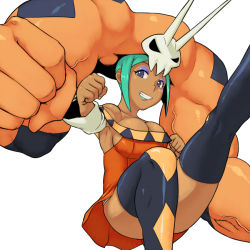 Rule 34 | 1girl, aqua eyes, aqua hair, aqua lips, bare shoulders, blue eyes, boots, breasts, cerebella (skullgirls), checkered clothes, checkered legwear, cleavage, clenched hand, clenched hands, collarbone, dark-skinned female, dark skin, detached collar, detached sleeves, dress, eyeshadow, facial mark, female focus, from below, green hair, green lips, grin, hat, hip focus, large breasts, lipstick, living clothes, looking at viewer, makeup, miniskirt, muscular, oversized forearms, oversized limbs, panties, pantyshot, purple eyes, short dress, short hair, sidelocks, simple background, skirt, skull, skullgirls, sleeves past wrists, smile, solo, strapless, strapless dress, thigh boots, thighhighs, tsukudani (coke-buta), underwear, upskirt, vice-versa (skullgirls), white background, white panties, wide hips, wide sleeves, zettai ryouiki