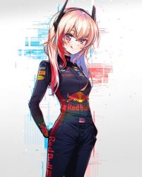 Rule 34 | 1girl, :q, blonde hair, commentary, cowboy shot, dochacci, english commentary, facial mark, formula one, girls&#039; frontline, griffin &amp; kryuger, hair between eyes, headgear, headset, heart, heart facial mark, highres, licking lips, long hair, looking at viewer, m4 sopmod ii (girls&#039; frontline), multicolored hair, racing suit, red bull, red eyes, red hair, smile, solo, streaked hair, tongue, tongue out, twitter username