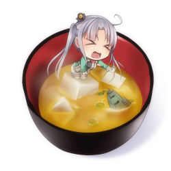 Rule 34 | &gt; &lt;, 10s, 1girl, akitsushima (kancolle), chibi, commentary request, closed eyes, grey hair, highres, kantai collection, long hair, miso soup, nishikitaitei-chan, one-hour drawing challenge, open mouth, ponytail, side ponytail, solo, yasume yukito