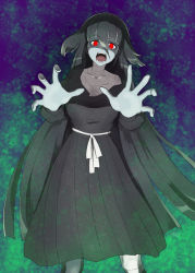 Rule 34 | 1girl, akashingo (rotampel), bad id, bad pixiv id, bandages, black hair, blue skin, colored skin, dress, glowing, glowing eyes, highres, long dress, long hair, open mouth, outstretched arms, red eyes, solo, yamada tae, zombie, zombie land saga, zombie pose