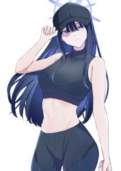 Rule 34 | 1girl, absurdres, bare arms, bare shoulders, baseball cap, black hat, black pants, black shirt, blue archive, blue eyes, blue hair, breasts, commentary, cowboy shot, crop top, hand up, hat, head tilt, highres, large breasts, leggings, long hair, looking at viewer, midriff, navel, pants, saori (blue archive), shirt, simple background, sleeveless, sleeveless shirt, smile, solo, standing, stomach, very long hair, white background, yokoshima michihiro