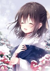 Rule 34 | 1girl, :d, ^ ^, blurry, blurry background, blush, bow, breath, brown hair, closed eyes, day, depth of field, facing viewer, female saniwa (touken ranbu), flower, hair between eyes, hair bow, hands up, japanese clothes, kimono, long sleeves, miko, mochizuki shiina, open mouth, outdoors, overcast, red flower, saniwa (touken ranbu), sayagata, sky, smile, snow, snowing, solo, touken ranbu, upper body, white kimono, wide sleeves