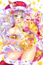Rule 34 | 1girl, :3, a.yuuki, animal ears, areola slip, bell, blunt bangs, blush, bow, breasts, christmas, cleavage, fang, flower, foreshortening, hair flower, hair ornament, large breasts, nail polish, original, reaching, reaching towards viewer, sack, santa costume, seiken orochi chronicle, smile, solo, stuffed animal, stuffed toy, tail, teddy bear, thighhighs, white hair, yellow eyes
