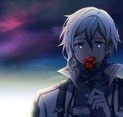 Rule 34 | 1boy, collar, covered mouth, eiyuu densetsu, falcom, flower, gloves, hair between eyes, holding, holding flower, jewelry, kuro no kiseki, looking at viewer, male focus, necklace, popped collar, red flower, rion balthazar, rose, short hair, sky, solo, white gloves