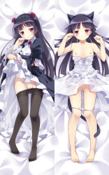 Rule 34 | 1girl, animal ears, barefoot, bed, bed sheet, black hair, blush, breasts, cat ears, cat girl, cat tail, clothes lift, dakimakura (medium), dress, dress lift, feet, female focus, flat chest, flower, frills, gokou ruri, gothic lolita, hair flower, hair ornament, lolita fashion, long hair, looking at viewer, lying, multiple views, nipples, on back, ore no imouto ga konna ni kawaii wake ga nai, panties, panty pull, pantyhose, paw pose, pussy, red eyes, red flower, red rose, rie (reverie), rose, strap slip, tail, uncensored, underwear, undressing