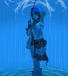 1girl absurdres black_hair blue_background blue_theme boots fingerless_gloves glasses gloves highres holding holding_umbrella hood hood_up idolmaster idolmaster_shiny_colors jacket low_twintails mitsumine_yuika open_clothes open_jacket rain ripples rubber_boots semi-rimless_eyewear short_sleeves skirt solo transparent transparent_umbrella twintails umbrella under-rim_eyewear water_drop ywr