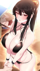 Rule 34 | 1boy, 1girl, akchu, ass, bare shoulders, bikini, black bikini, black choker, black hair, black nails, bloom, blurry, blurry background, blush, bracelet, breasts, chobi (akchu), choker, cleavage, collarbone, commentary request, covered erect nipples, depth of field, hair between eyes, hair ribbon, hand grab, high ponytail, highres, holding hands, jewelry, large breasts, long hair, looking at another, multi-strapped bikini, nail polish, o-ring, o-ring bikini, o-ring top, original, parted lips, ponytail, red eyes, ribbon, sidelocks, solo focus, standing, swimsuit