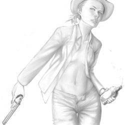 Rule 34 | 1girl, alcohol, denim, fallout (series), fallout new vegas, greyscale, gun, handgun, hat, jeans, looking at viewer, midriff, monochrome, no bra, open clothes, open fly, open mouth, open shirt, pants, ponytail, red hair, revolver, rose of sharon cassidy, shirt, simple background, solo, unbuttoned, unzipped, weapon, whiskey, white background, yorimitsu