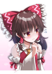 Rule 34 | 1girl, absurdres, ascot, blush, bow, brown eyes, brown hair, collar, commentary, embarrassed, eyelashes, flying sweatdrops, frilled bow, frilled collar, frills, frown, hair between eyes, hair bow, hair tubes, hakurei reimu, hand up, highres, kabi killer, long hair, long sleeves, looking to the side, pink background, red bow, red ribbon, red vest, ribbon, ribbon-trimmed sleeves, ribbon trim, signature, simple background, solo, sweatdrop, touhou, upper body, vest, wavy mouth, white collar, white sleeves, wide sleeves, yellow ascot