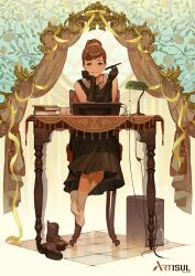 Rule 34 | 1girl, absurdres, artisul, black dress, black gloves, book, boots, unworn boots, brown eyes, brown hair, chair, computer, crossed ankles, cup, desk, desk lamp, drawing tablet, dress, elbow gloves, floral background, gloves, hair bun, hand on own chin, head rest, highres, lamp, looking at viewer, magenaiman3, on chair, original, saucer, sitting, smile, socks, solo, stylus, tablet pc, teacup, tile floor, tiles, twitter username, white socks