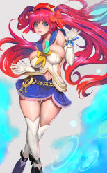 Rule 34 | 1girl, absurdres, blue eyes, blue sailor collar, blue skirt, bow, bracelet, breasts, elbow gloves, full body, gloves, gradient eyes, gradient hair, hair bow, headdress, highres, jewelry, large breasts, long hair, looking at viewer, miniskirt, multicolored eyes, multicolored hair, mushihime-sama futari, navel, orange bow, orange hair, purple hair, randy (awesomevillage), reco, sailor collar, skirt, solo, thighhighs, twintails, very long hair, white gloves, white thighhighs, yellow bow