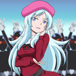 Rule 34 | 10s, 1girl, beret, blue background, blue eyes, blue hair, blue sky, blush, choiark, cowboy shot, crowd, dress, eyelashes, gradient background, hand on own face, happinesscharge precure!, hat, hone (koppun), hosshiwa, long hair, long sleeves, looking at viewer, matching hair/eyes, open mouth, pink hat, precure, red dress, silhouette, sky, solo, solo focus, standing