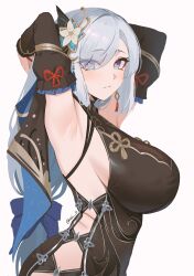 Rule 34 | 1girl, absurdres, armpits, blue eyes, bow, breasts, china dress, chinese clothes, closed mouth, detached sleeves, dress, eyes visible through hair, genshin impact, grey hair, hair bow, hair ornament, hair over one eye, highres, large breasts, long hair, long sleeves, looking at viewer, nvl, official alternate costume, official alternate hairstyle, shenhe (frostflower dew) (genshin impact), shenhe (genshin impact), sideboob, sideless dress, sleeveless, sleeveless dress, solo