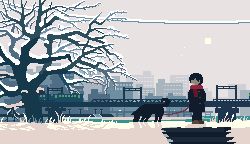 Rule 34 | androgynous, animated, animated gif, black hair, blue coat, bridge, city, coat, dog, faceless, gender request, grass, leash, long sleeves, lowres, original, outdoors, red scarf, scarf, short hair, snow, snowing, standing, sun, toyoi yuuta, train, tree, winter
