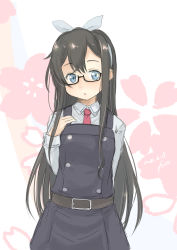 Rule 34 | 1girl, alternate costume, black hair, blue eyes, blue shirt, commentary request, cowboy shot, dress, fyuo, glasses, hairband, hand on own chest, highres, kantai collection, long hair, looking at viewer, necktie, one-hour drawing challenge, ooyodo (kancolle), pinafore dress, red necktie, semi-rimless eyewear, shirt, sleeveless dress, solo, under-rim eyewear