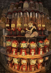 Rule 34 | 1girl, artist name, black shirt, brown eyes, brown hair, candy, candy store, cup, demizu posuka, denim, denim shorts, food, highres, holding, holding cup, indoors, looking at viewer, original, shirt, shop, shorts, side ponytail, sitting, solo, star (symbol), star print, stool