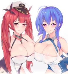 Rule 34 | 2girls, :q, azur lane, bare shoulders, blue hair, blush, breast press, breasts, breasts squeezed together, chain, cleavage, collar, collarbone, elbow gloves, gloves, hair between eyes, hat, honolulu (azur lane), kuavera, large breasts, licking lips, long hair, multiple girls, one side up, purple eyes, red eyes, red hair, smile, st. louis (azur lane), tongue, tongue out, twintails, upper body, white background, white gloves