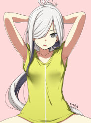 Rule 34 | 1girl, ahoge, alternate costume, arms behind head, asashimo (kancolle), grey eyes, hair over one eye, kantai collection, long hair, looking at viewer, moti coi, one-hour drawing challenge, pink background, ponytail, shirt, simple background, solo, squatting, upper body, white hair, yellow shirt