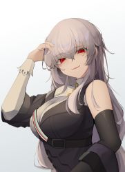 Rule 34 | 1girl, absurdres, arknights, arm up, asymmetrical clothes, black dress, breasts, dress, fang, grey hair, hair between eyes, hand in own hair, highres, large breasts, long hair, long sleeves, looking at viewer, no headwear, parted lips, red eyes, simple background, smile, solo, specter (arknights), specter the unchained (arknights), upper body, very long hair, white background, yuu azma