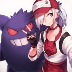 Rule 34 | 1girl, backpack, bag, baseball cap, black gloves, choker, closed mouth, colored sclera, creatures (company), cropped jacket, female protagonist (pokemon go), fingerless gloves, game freak, gen 1 pokemon, gengar, gloves, grey eyes, grin, hair over one eye, hat, long hair, looking at another, looking at viewer, looking to the side, nintendo, oopartz yang, original, pokemon, pokemon (creature), pokemon go, ponytail, red sclera, sleeves past elbows, smile, uma (oopartz yang), v, white hair