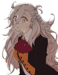 Rule 34 | 1girl, antenna hair, ascot, braid, brooch, buttons, commentary request, crossed bangs, crying, crying with eyes open, fate/grand order, fate (series), hair between eyes, jewelry, kak hac, long hair, long sleeves, looking at viewer, olga marie animusphere, orange eyes, red ascot, side braid, simple background, solo, tearing up, tears, very long hair, white background, white hair
