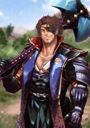 Rule 34 | 1boy, alternate costume, axe, belmond banderas, black hakama, black jacket, black kimono, blurry, blurry background, brown eyes, brown hair, collarbone, commentary request, day, depth of field, eyepatch, facial hair, gauntlets, grin, hakama, hakama pants, hand up, highres, holding, holding axe, jacket, japanese clothes, karu mono, kimono, large pectorals, long sleeves, looking at viewer, male focus, nijisanji, open clothes, open jacket, outdoors, over shoulder, pants, pectoral cleavage, pectorals, smile, solo, standing, stubble, virtual youtuber, weapon, weapon over shoulder