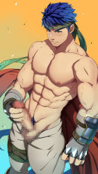 Rule 34 | 1boy, abs, alternate pectoral size, bara, blue hair, blush, cape, censored, clothes pull, erection, feet out of frame, fire emblem, fire emblem: path of radiance, from above, highres, ike (fire emblem), large pectorals, long sideburns, male focus, male masturbation, male pubic hair, masturbation, mazjojo, mosaic censoring, muscular, muscular male, navel, navel hair, nintendo, nipples, aged up, paid reward available, pants, pants pull, pectorals, penis, pubic hair, red cape, paid reward available, short hair, sideburns, solo, stomach, sweat, thighs, tight clothes, tight pants, topless male, veins, white pants