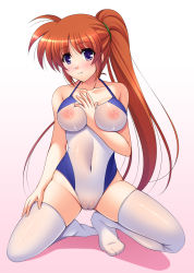 Rule 34 | 00s, 1girl, between breasts, blue eyes, blush, breasts, brown hair, feet, lyrical nanoha, mahou shoujo lyrical nanoha, mahou shoujo lyrical nanoha strikers, narutaki shin, navel, aged up, one-piece swimsuit, ponytail, purple eyes, see-through, solo, squatting, swimsuit, takamachi nanoha, thighhighs, uncensored, white thighhighs