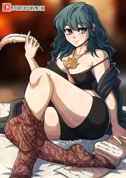 Rule 34 | 1girl, 2021, artist name, bare shoulders, blue eyes, blue hair, blush, breasts, brown thighhighs, byleth (female) (fire emblem), byleth (fire emblem), collarbone, covered erect nipples, feathers, fire emblem, fire emblem: three houses, heart, heart-shaped pupils, highres, jewelry, kinkymation, medium hair, necklace, nintendo, off shoulder, patterned clothing, ribbon braid, short shorts, shorts, sitting, solo, sweat, symbol-shaped pupils, thick thighs, thighhighs, thighs