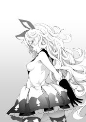 Rule 34 | 1girl, akino sora, animal ears, back, backless dress, backless outfit, breasts, commentary, cowboy shot, curly hair, dress, erune, ferry (granblue fantasy), frilled dress, frills, from behind, gloves, gradient background, granblue fantasy, grey background, greyscale, highres, legs apart, long hair, looking at viewer, looking back, medium breasts, monochrome, no bra, parted lips, pleated dress, pleated skirt, profile, sideboob, sketch, skirt, small breasts, smile, solo, thighhighs, very long hair, wavy hair