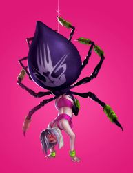 Rule 34 | 10s, 1girl, arachne, arthropod girl, ass, breasts, carapace, claws, artistic error, exercising, extra eyes, glowing, glowing eye, handstand, highres, insect girl, large breasts, leg warmers, looking at viewer, midriff, monster girl, monster musume no iru nichijou, multiple legs, pink background, rachnera arachnera, red eyes, short hair, silk, silver hair, solo, spider girl, spider web, sports bra, taur, voodoothur, wristband