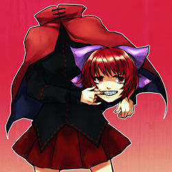 Rule 34 | 1girl, cape, disembodied head, gradient background, grin, hair ribbon, highres, huyukai higeta, long sleeves, mouth pull, red background, red eyes, red hair, ribbon, sekibanki, shirt, short hair, skirt, smile, solo, touhou