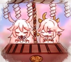 Rule 34 | 2girls, animal ears, box, closed eyes, closed mouth, company connection, donation box, earrings, fox ears, genshin impact, hair ornament, honkai (series), honkai impact 3rd, japanese clothes, jewelry, long hair, mihoyo, miko, multiple girls, one eye closed, own hands together, pink hair, praying, purple eyes, sakura ayane, smile, trait connection, voice actor connection, yae miko, yae sakura, yae sakura (gyakushinn miko), zxny