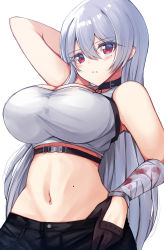 1girl absurdres azur_lane bandaged_arm bandages bare_shoulders black_gloves black_pants blood blush breasts cleavage crop_top gloves hair_between_eyes highres large_breasts long_hair looking_at_viewer misonikomi mole mole_on_stomach mole_under_eye navel pants red_eyes shirt silver_hair simple_background solo sovetskaya_rossiya_(azur_lane) sovetskaya_rossiya_(the_lackadaisical_lookout)_(azur_lane) very_long_hair white_background