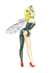 Rule 34 | 1girl, :d, antennae, ass, black gloves, blonde hair, bodysuit, bondage fairies, elbow gloves, fairy, fairy wings, female focus, fingerless gloves, full body, gloves, high heels, highres, kondom, looking at viewer, looking back, official art, open mouth, pfil, pointy ears, pumps, red footwear, shoes, simple background, smile, solo, standing, stiletto heels, teruo kakuta, white background, wings