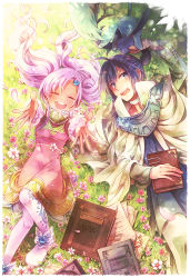 Rule 34 | 00s, 1boy, 1girl, ao2222, blue eyes, blue hair, book, choker, closed eyes, creature, flower, forehead jewel, keele zeibel, long hair, lying, meredy (tales), outstretched hand, pantyhose, ponytail, purple hair, quickie (tales), robe, skirt, smile, tales of (series), tales of eternia, twintails, white pantyhose